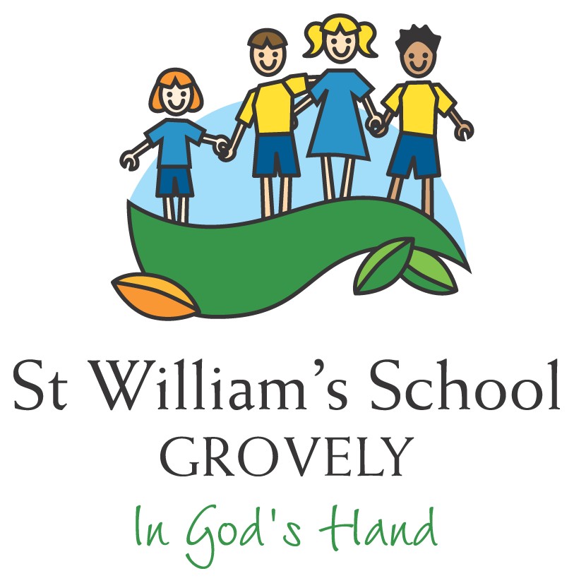 St William’s School Grovely logo with illustrated children holding hands and the words “In God’s Hand”.