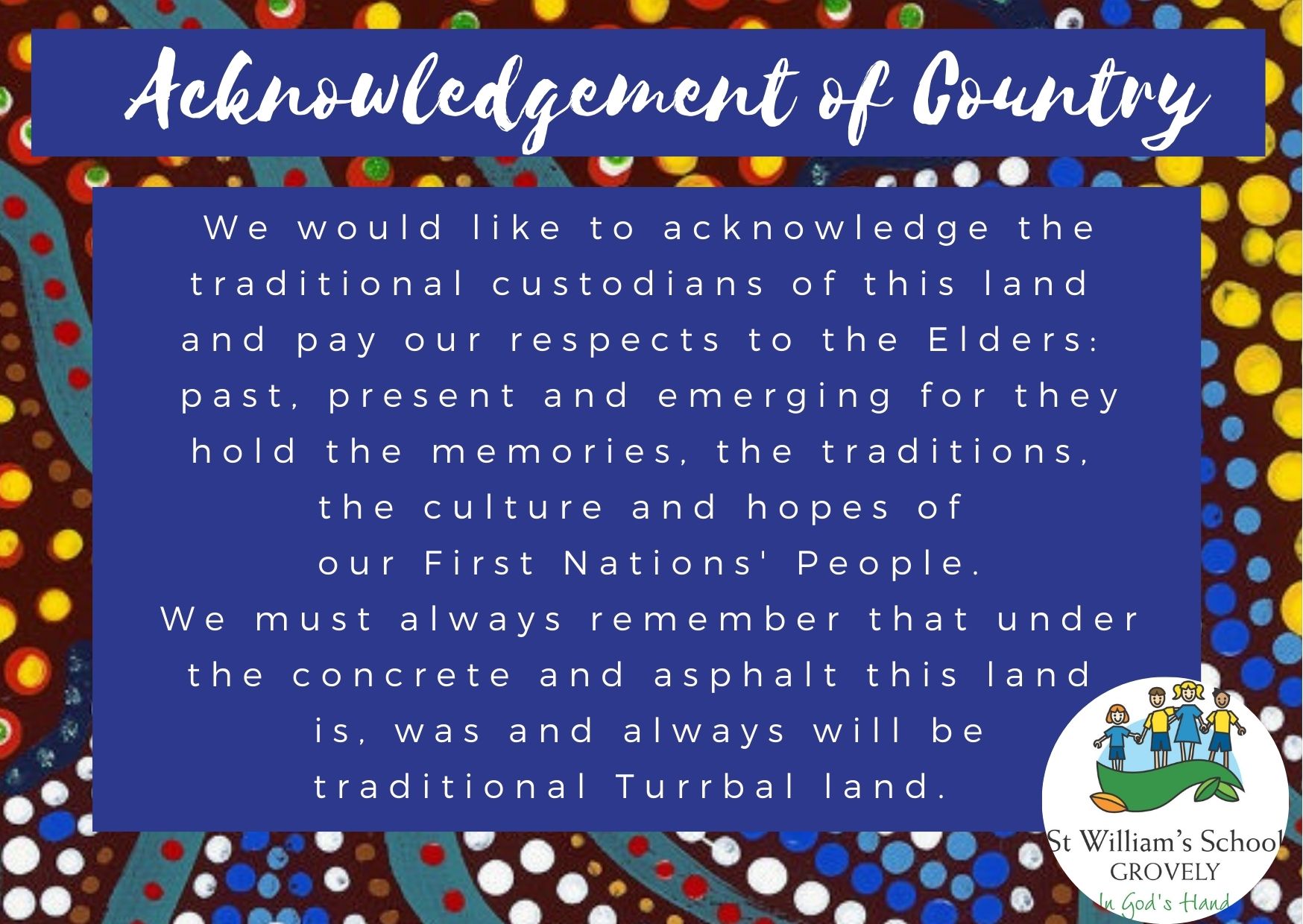 Acknowledgement of Country graphic recognising Traditional Custodians and the Turrbal people.