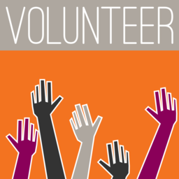 Volunteer graphic with raised hands and the word “Volunteer”.